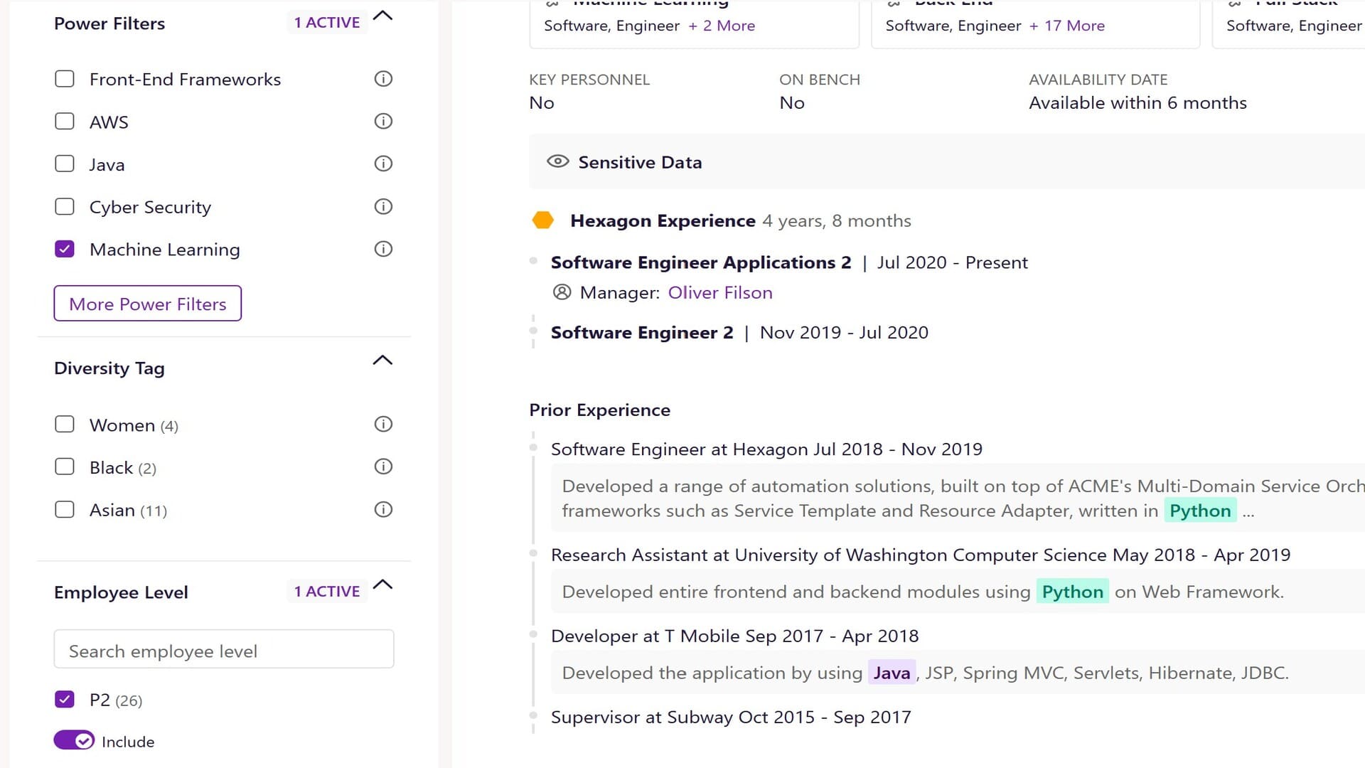A left-hand sidebar showing candidate filters in SeekOut

