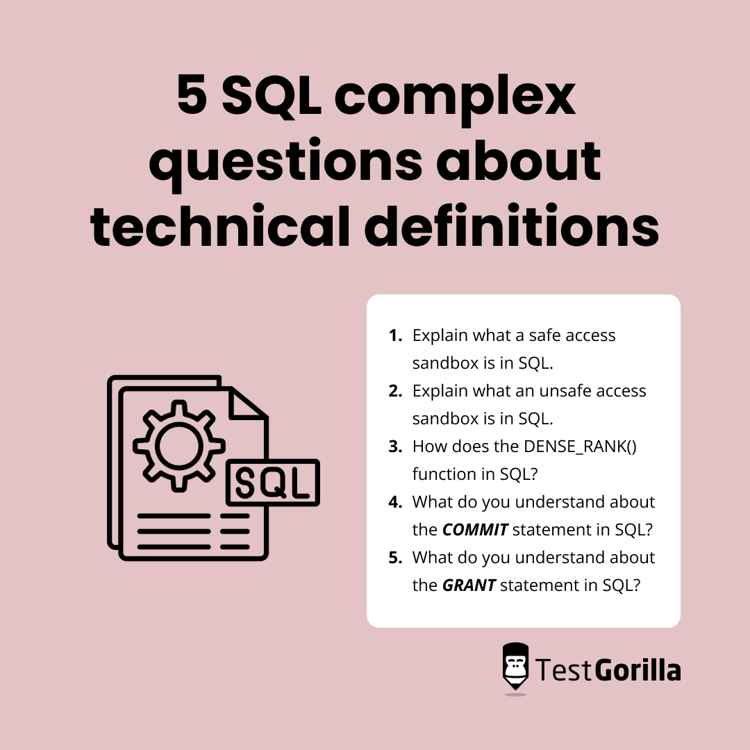 Five SQL complex questions about technical definitions