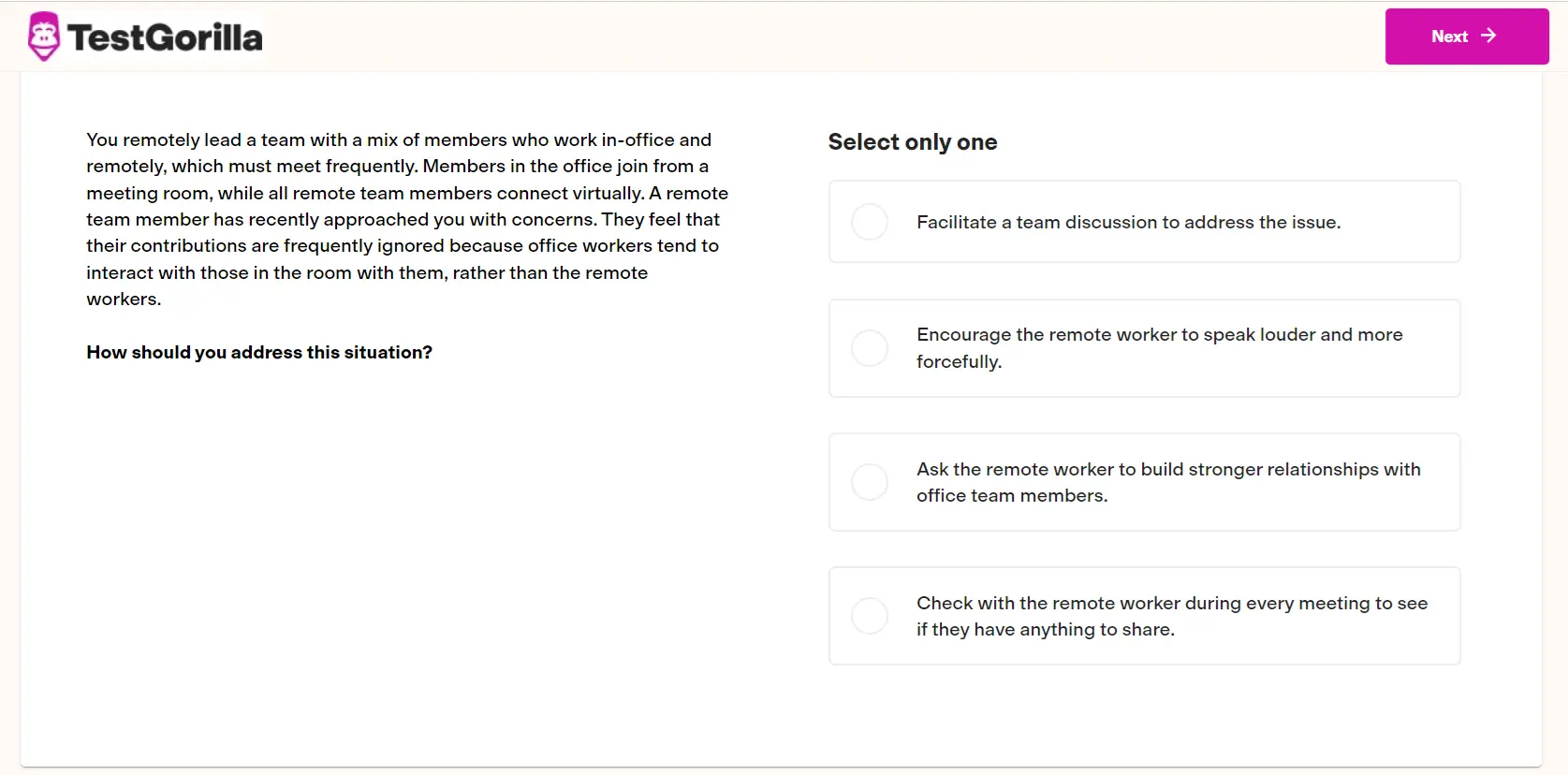 A preview question from TestGorilla's Remote Team Management test.