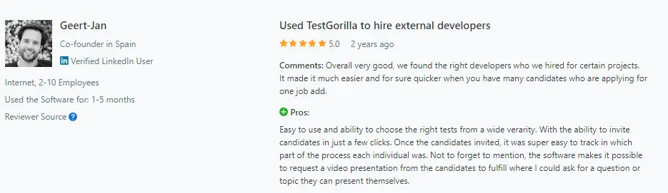 A positive user review of TestGorilla