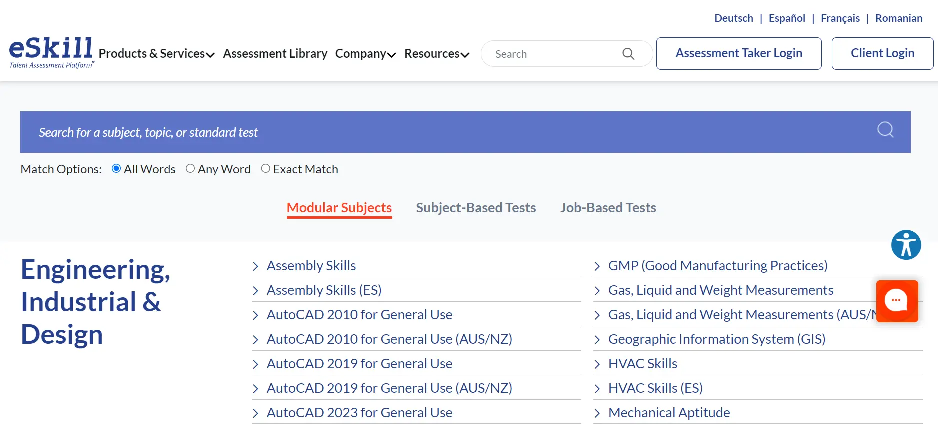 A screenshot of eSkill’s website showing its engineering tests
