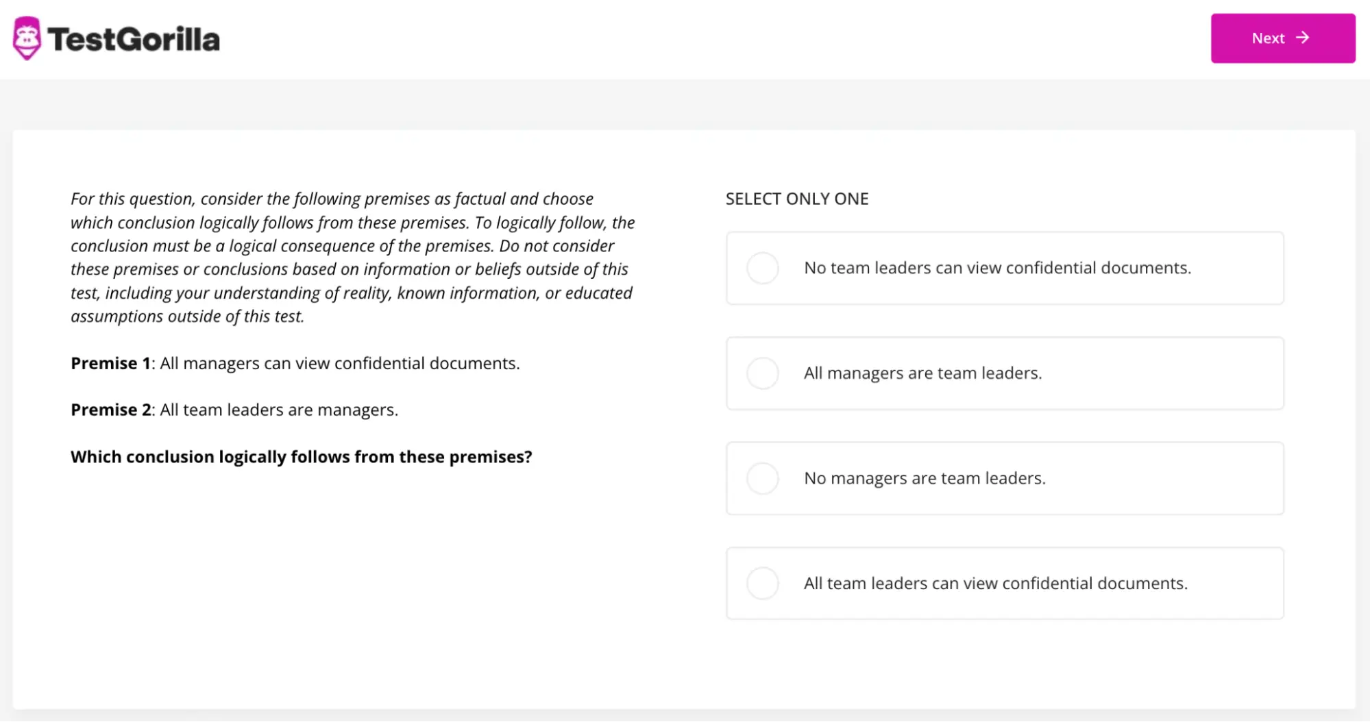 An example question from TestGorilla's Critical Thinking test