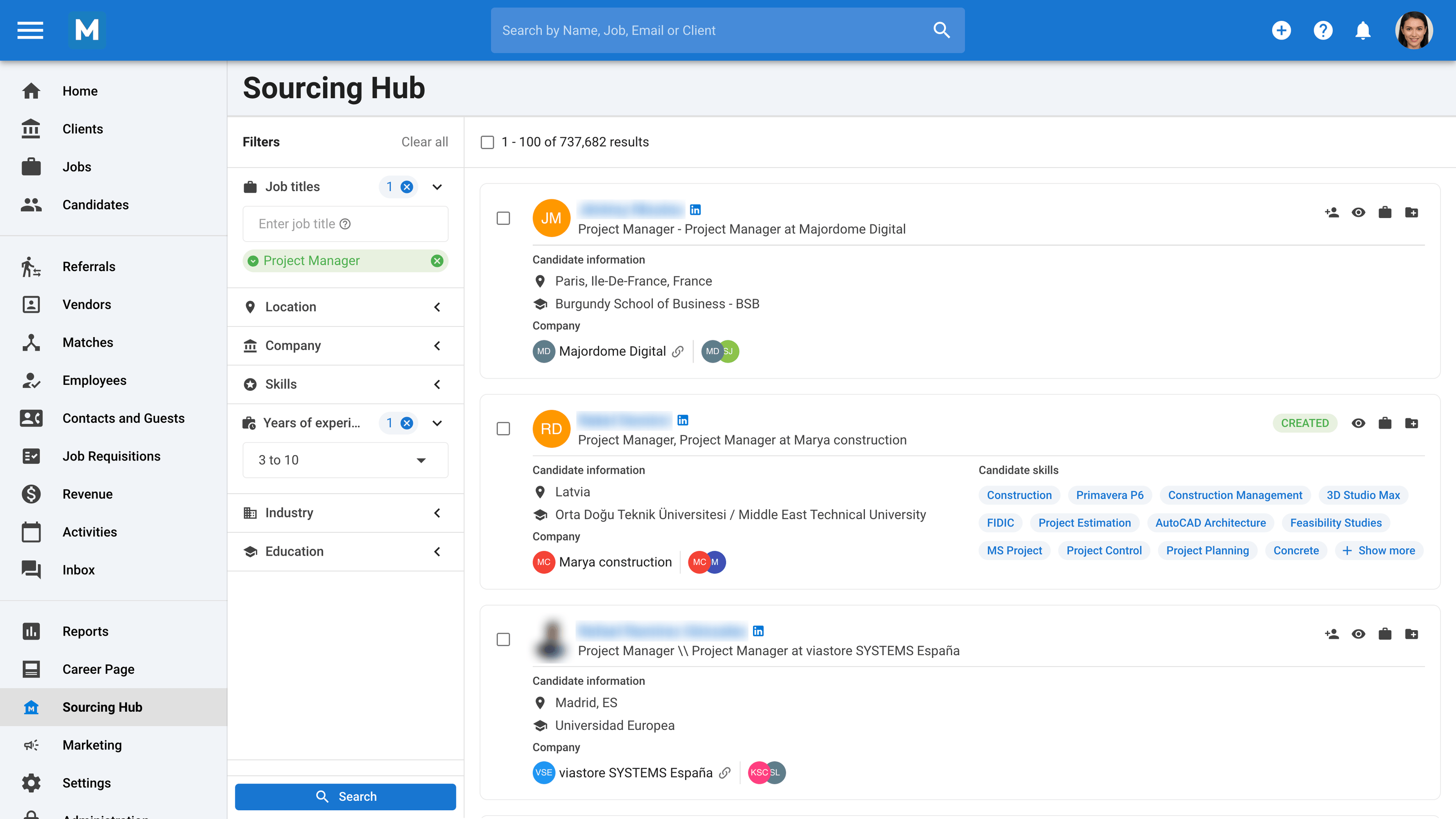 Manatal’s Sourcing Hub, showing talent search results for project management candidates
