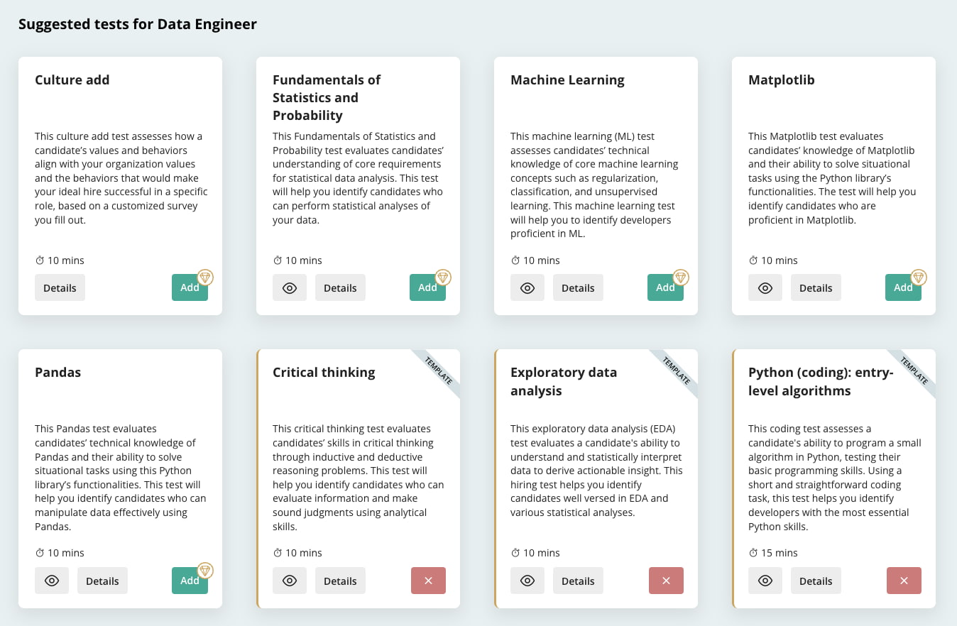 suggested skills tests for a data engineer in TestGorilla screenshot