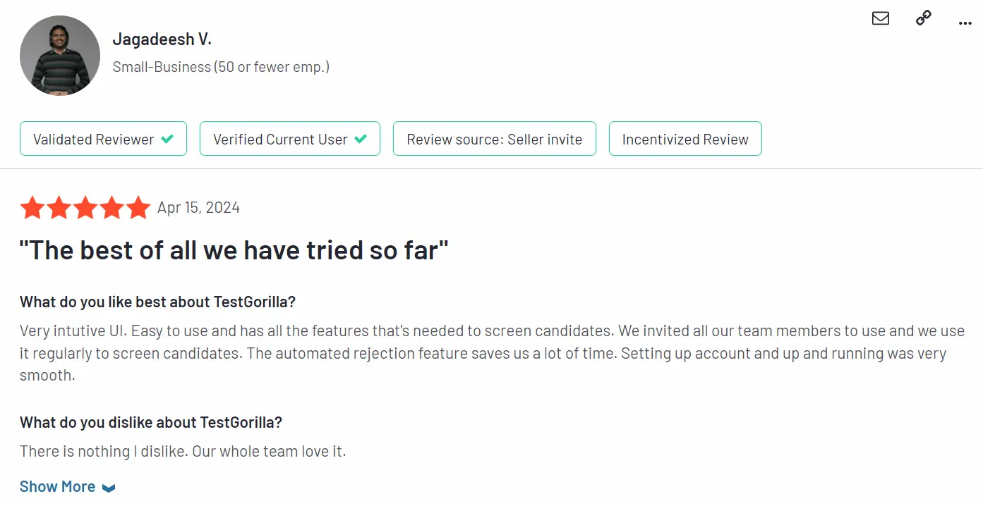 A screenshot of a user review of TestGorilla at G2. 

