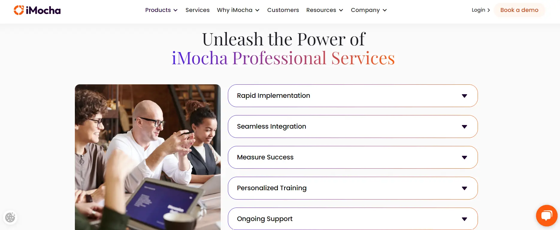 A screenshot of iMocha website showing the services the company offers
