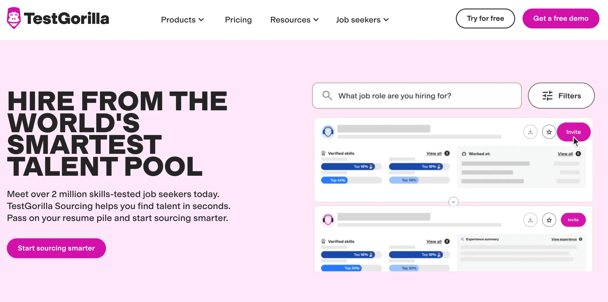 TestGorilla Sourcing landing page with text on a pink background that reads, “Hire from the world’s smartest talent pool