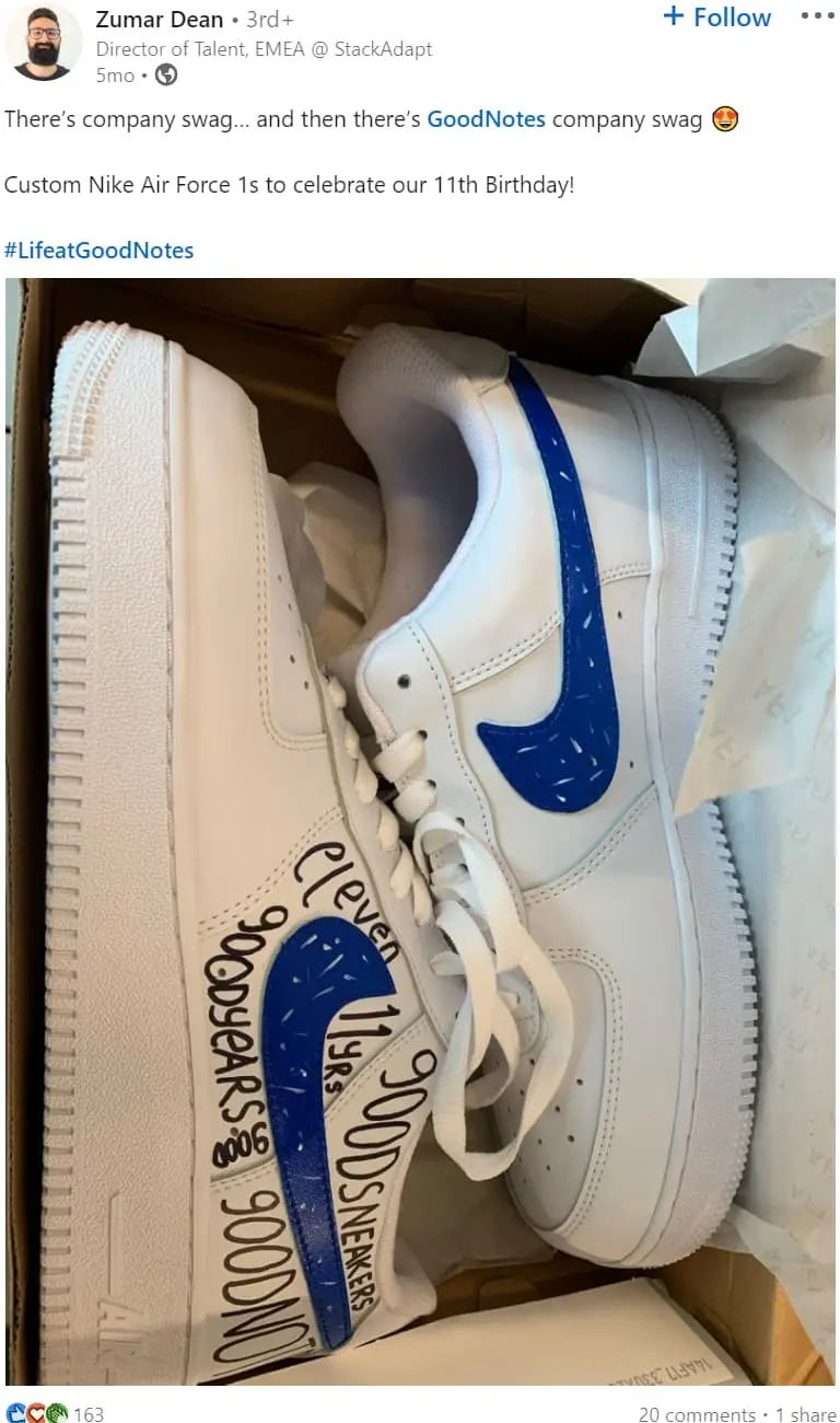 Image showing GoodNotes company swag of custom Nike Air Force sneakers