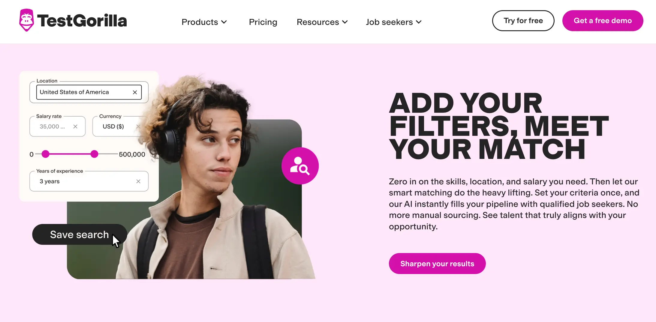 TestGorilla Sourcing page, with text “Add your filters, meet your match” on a pink background next to an image of a curly-haired person wearing headphones