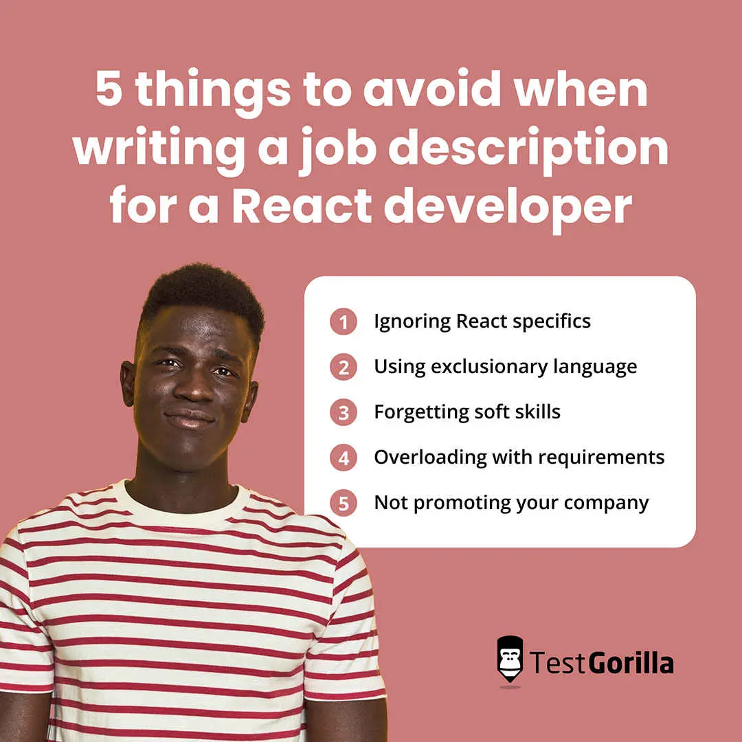 5 things to avoid when writing a job description for a react developer graphic