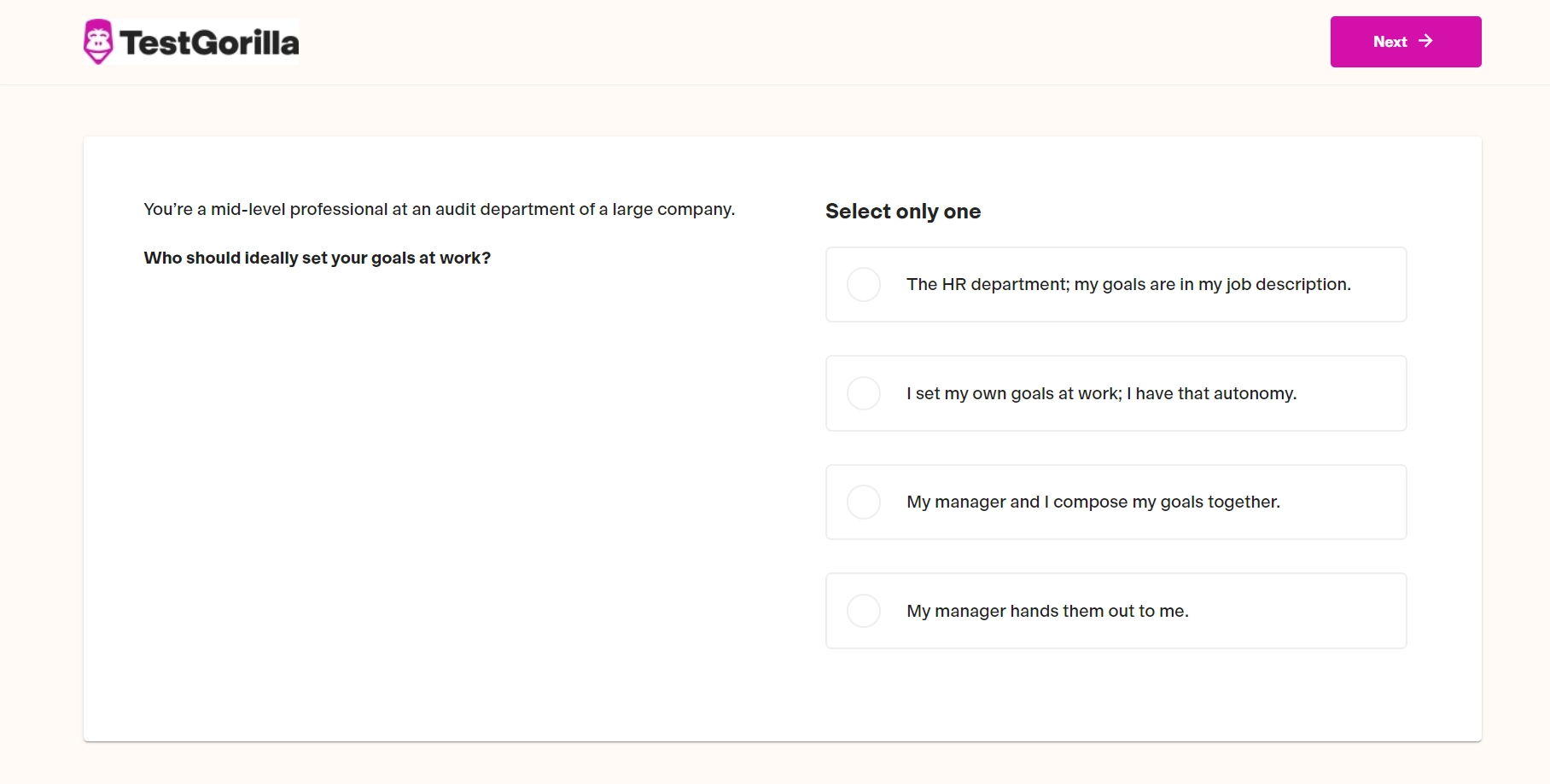 Screenshot of preview question from TestGorilla-s Time Management test