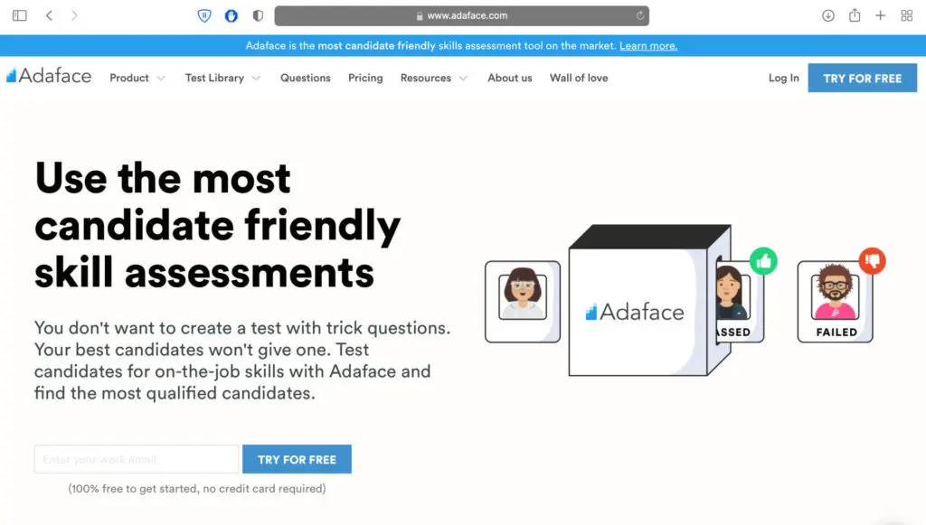 screenshot of Adaface homepage
