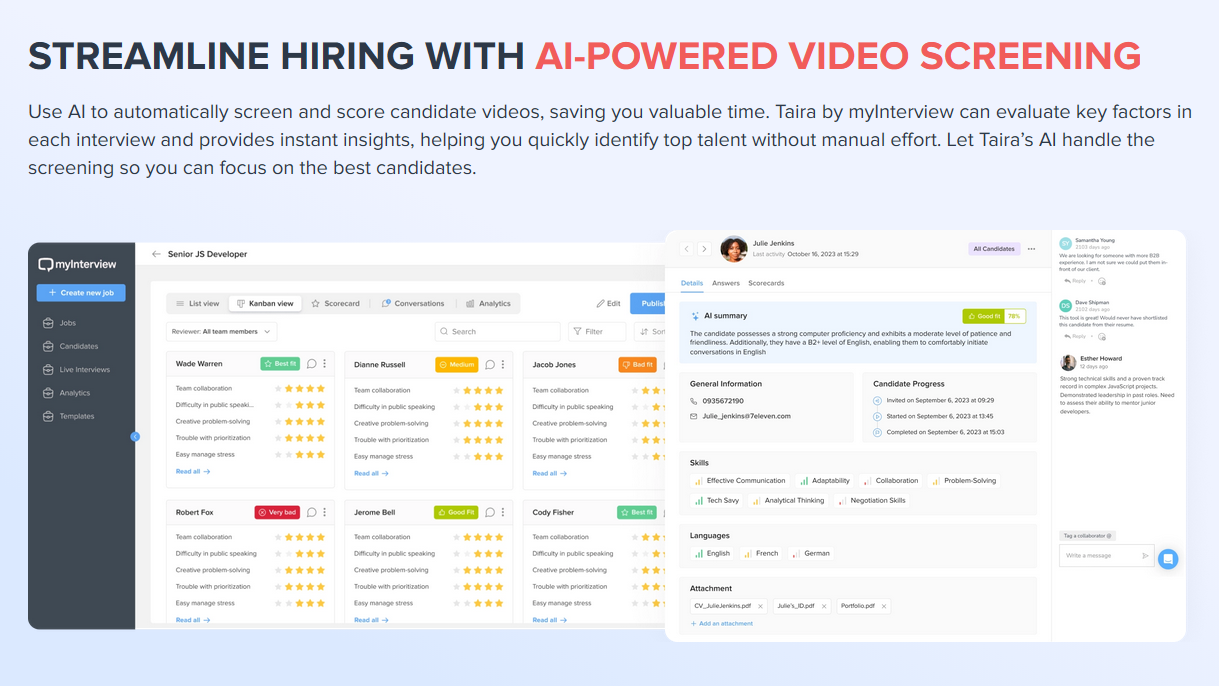 Screenshot of part of myInterview’s AI-powered video interview page, showing a mockup of the myInterview user interface.