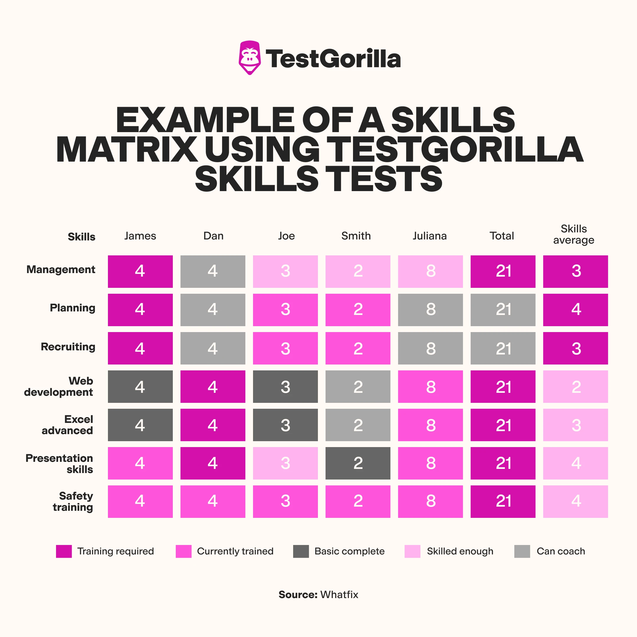 Example of a skills matrix using TestGorilla skills tests graphic