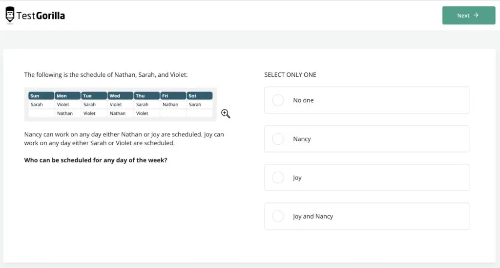 preview of problem solving question in TestGorilla