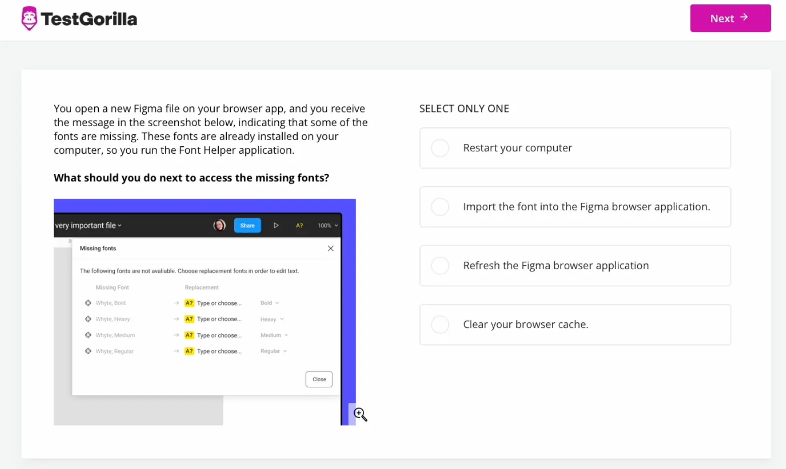 A sample question from TestGorilla's Figma test
