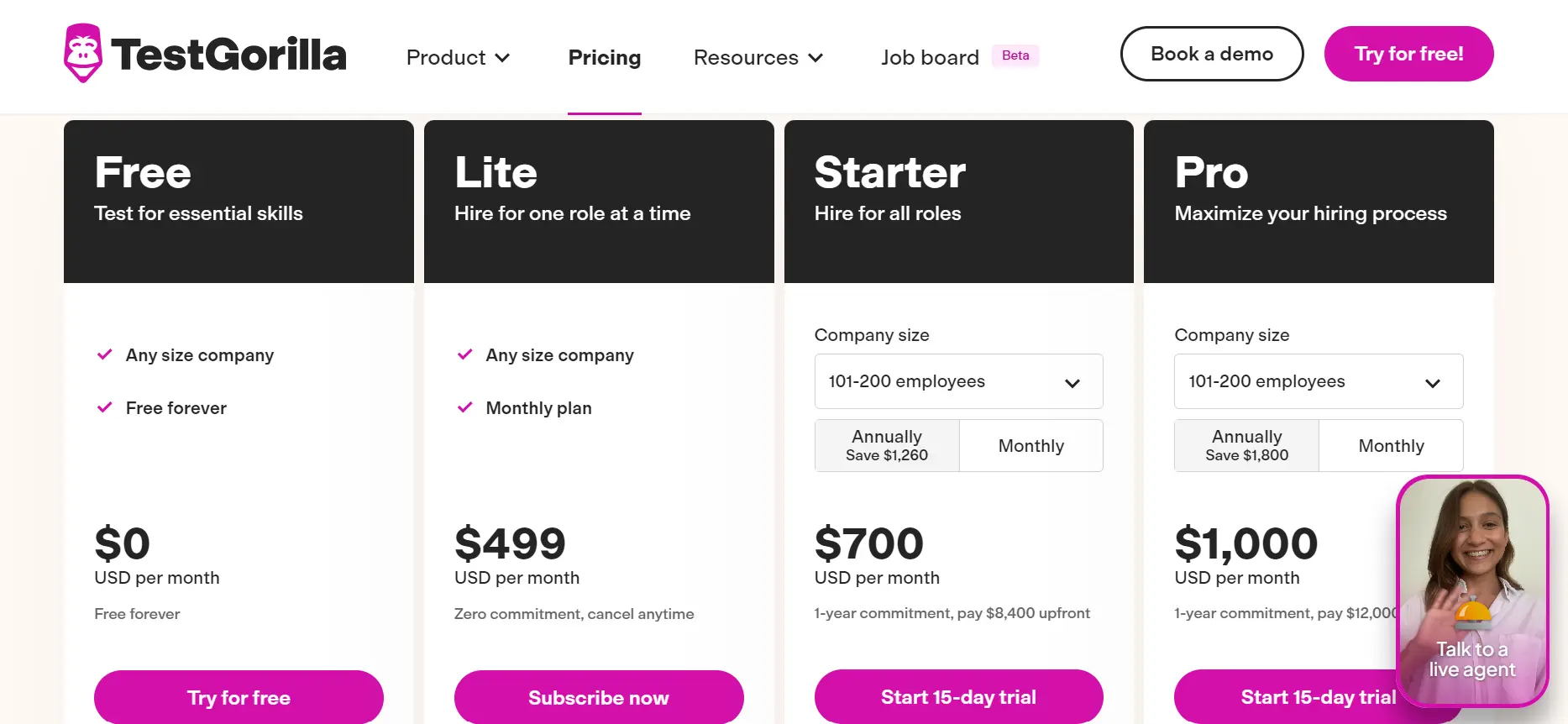 A screenshot of TestGorilla’s pricing page, showing the different plans.