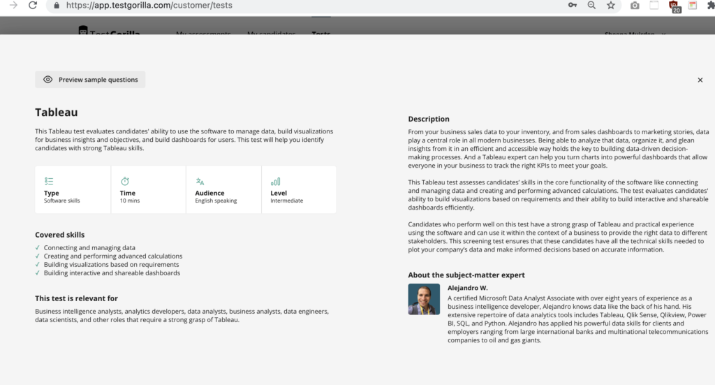 preview of Tableau test in TestGorilla