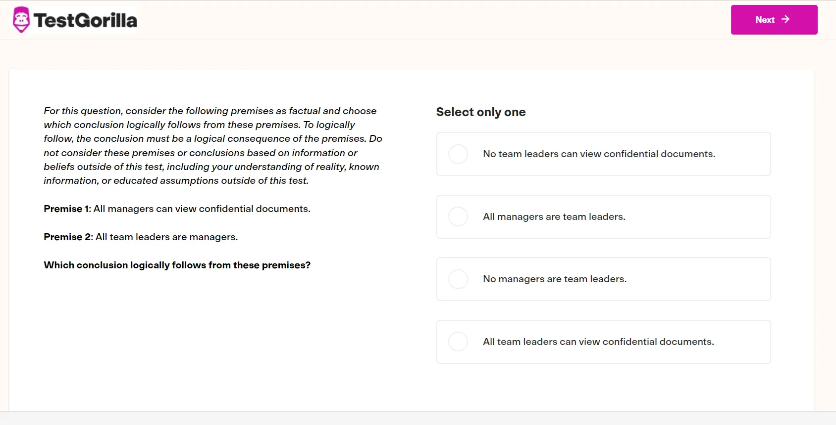 A preview question from TestGorilla’s Critical Thinking test, an employee selection method graphic