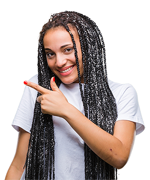 Young and smiling African American woman pointing to a free TestGorilla account to find top SQL developers