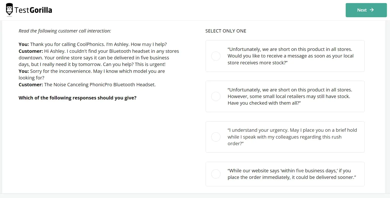 A sample question from TestGorilla's Customer Service test
