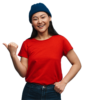 Young and smiling Asian woman pointing to a free TestGorilla account to find the best customer service staff