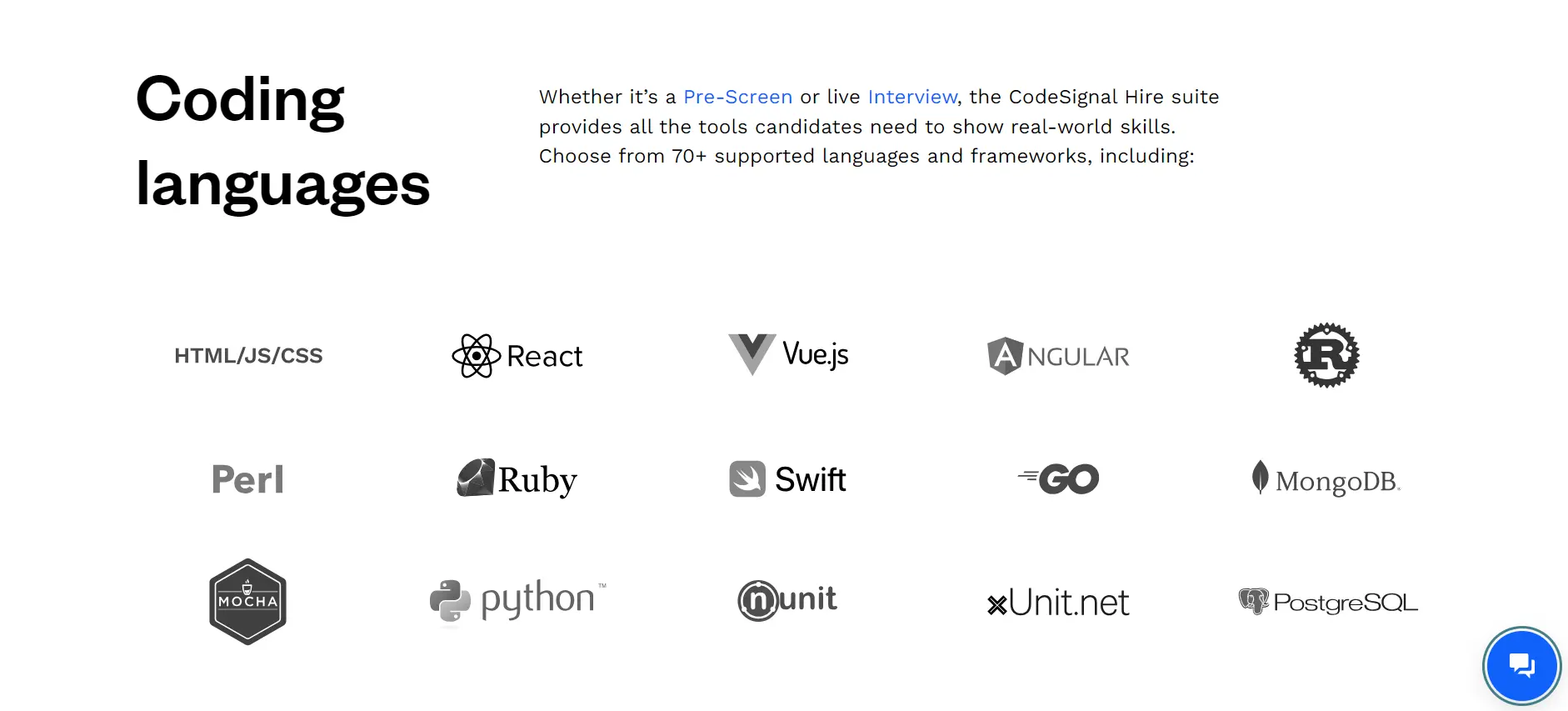 A screenshot of CodeSignal’s website, showing some of the programming languages companies can test