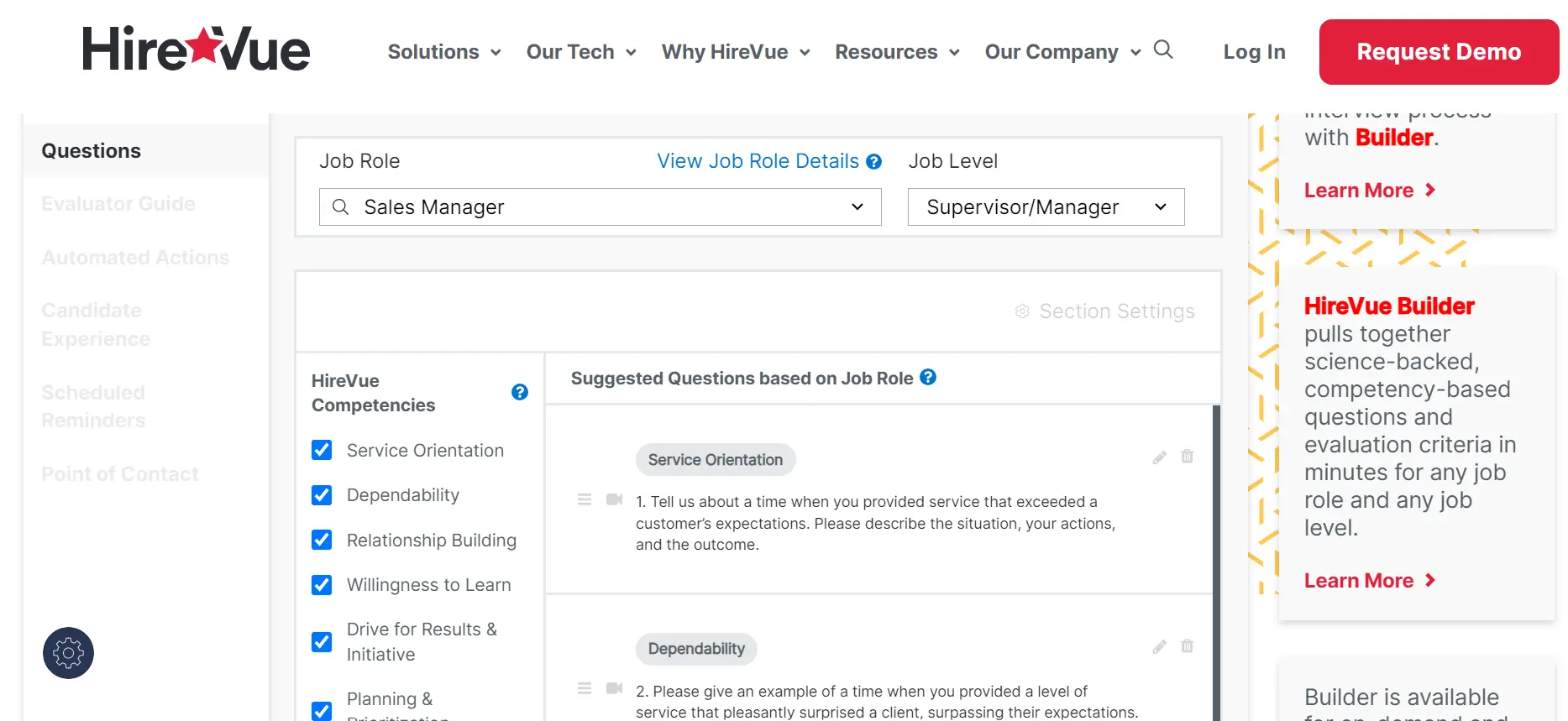 A screenshot of HireVue’s interview builder page