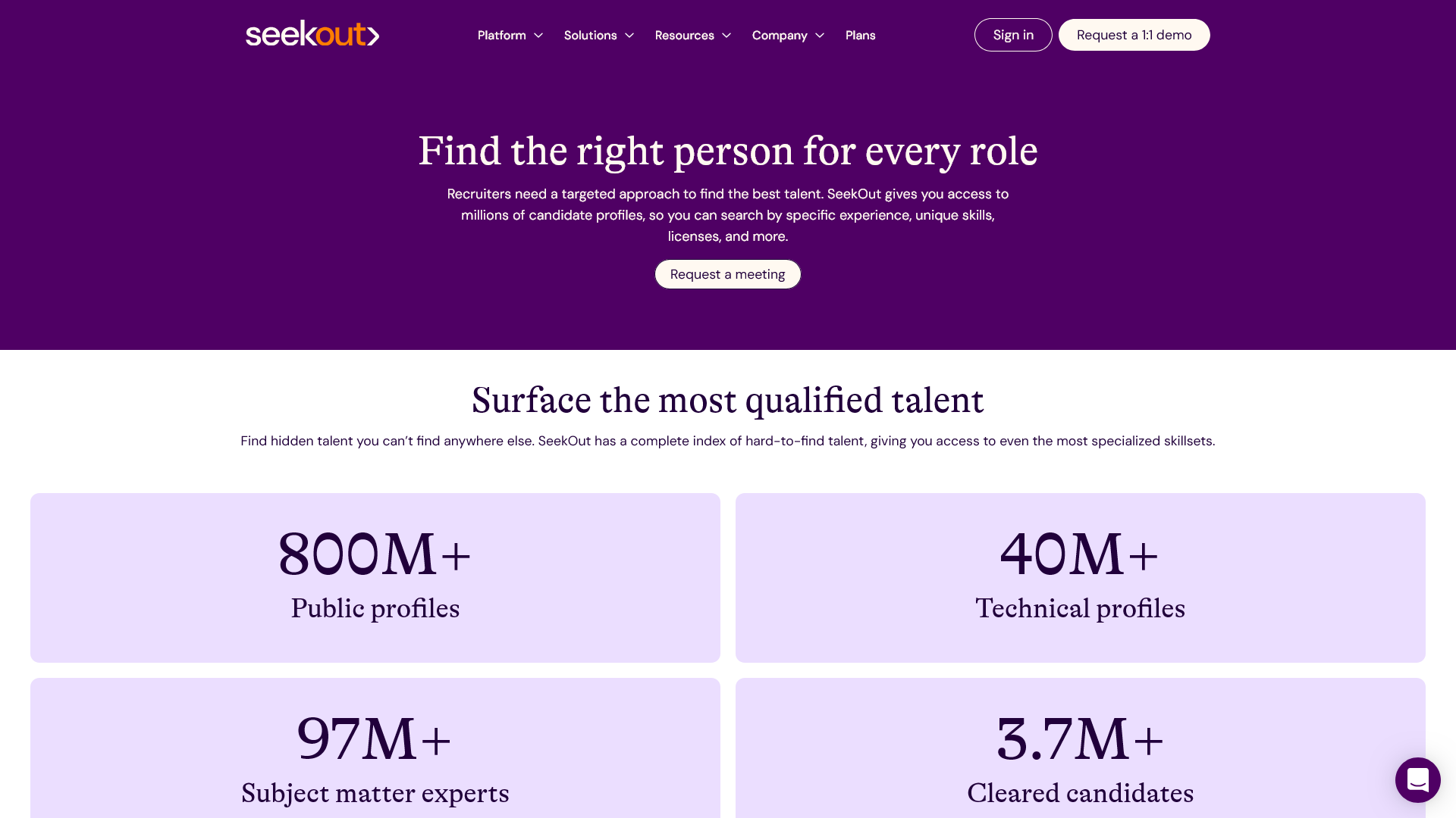 Screenshot of the SeekOut website showing several metrics on the platform