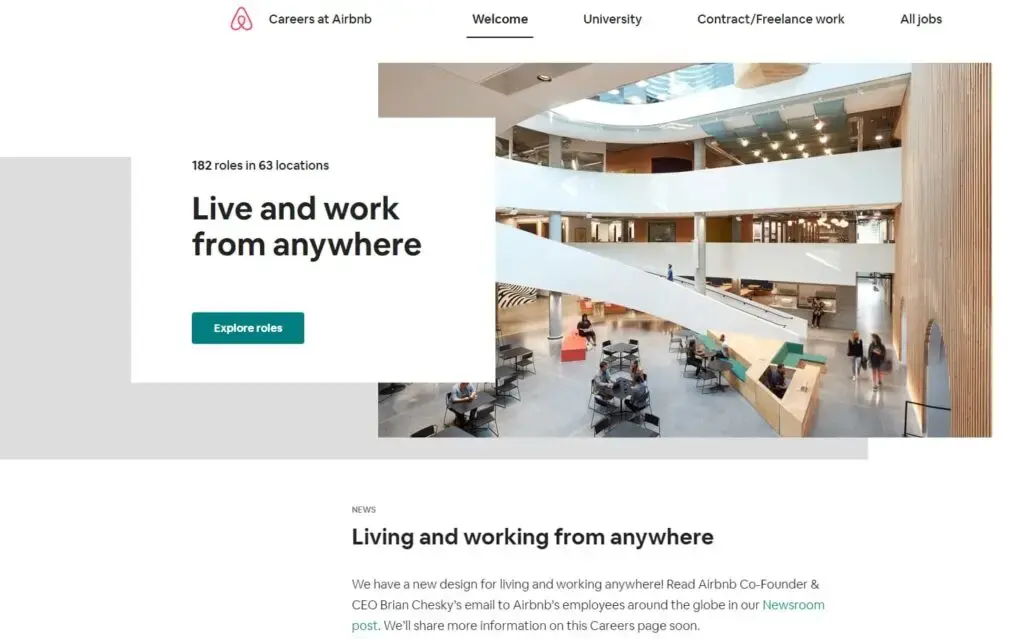 Airbnb careers page used as an example of a compelling career site