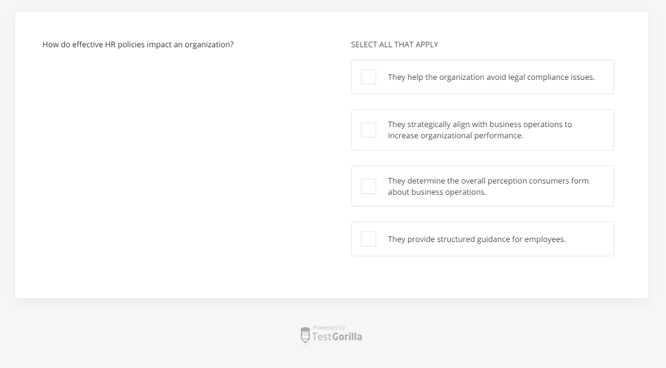 screenshot of a question on the HR fundamentals test in TestGorilla