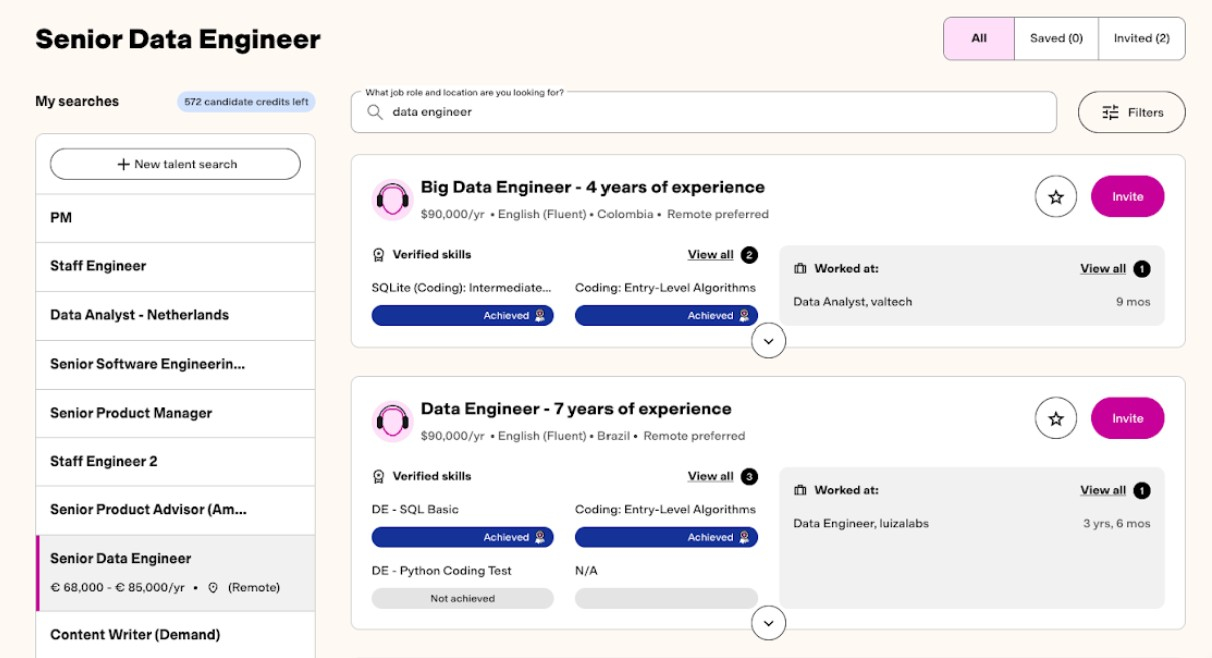 TestGorilla Sourcing interface showing AI-suggested candidates for a Senior Data Engineer role.