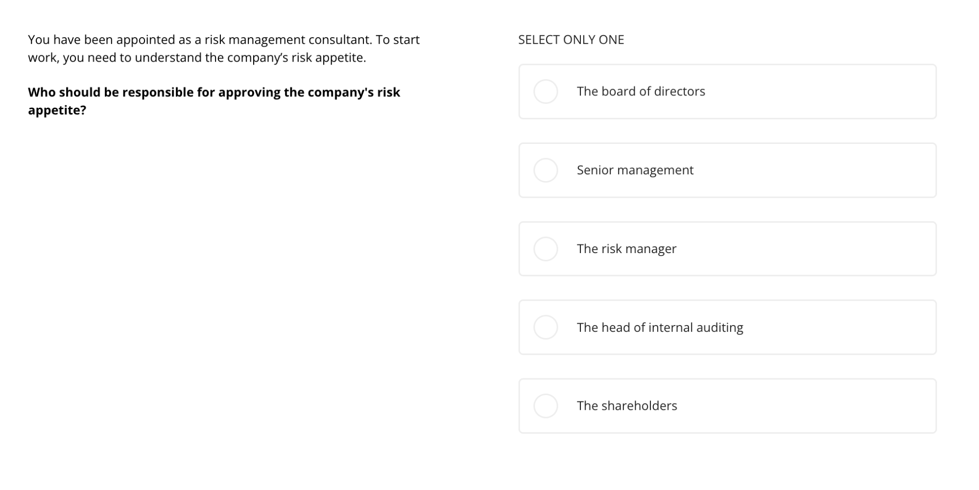 An example question from TestGorilla's Risk Management test
