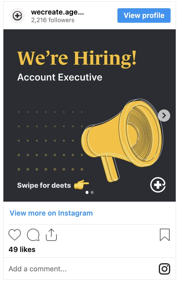 exemple d'annonce de recrutement sur Instagram