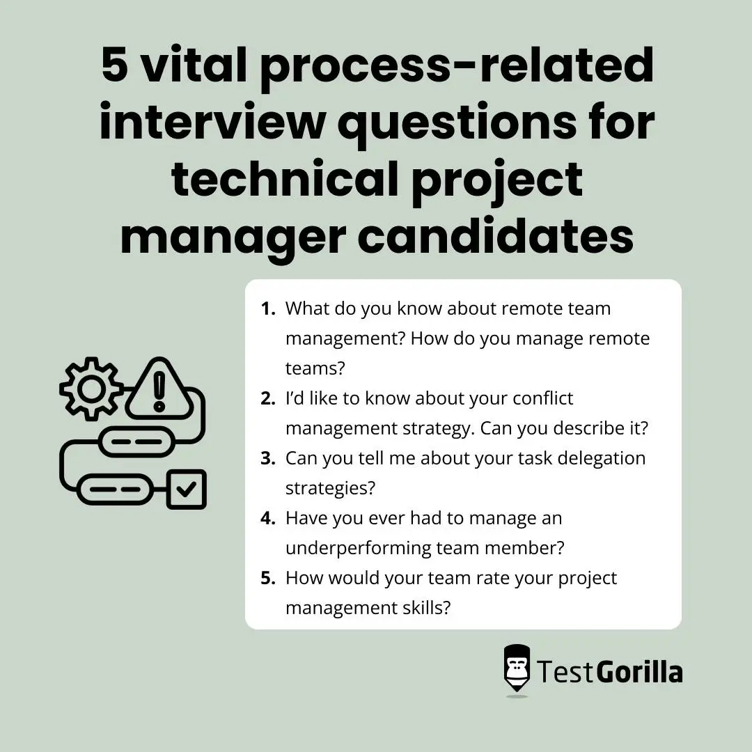 5 vital process-related interview questions for technical project manager candidates explanation graphic
