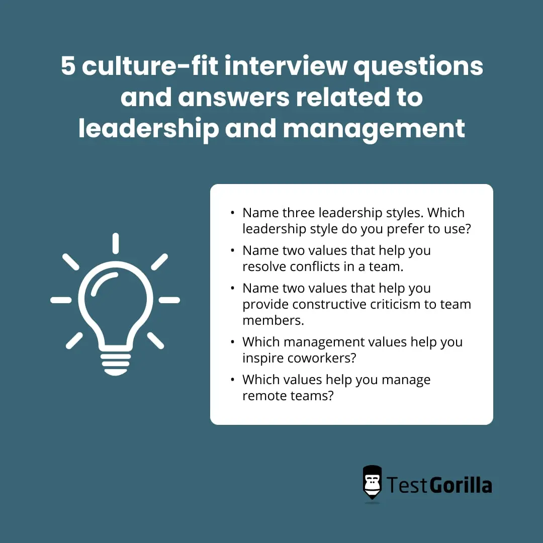 graphic showing 5 culture fit interview questions and answers related to leadership