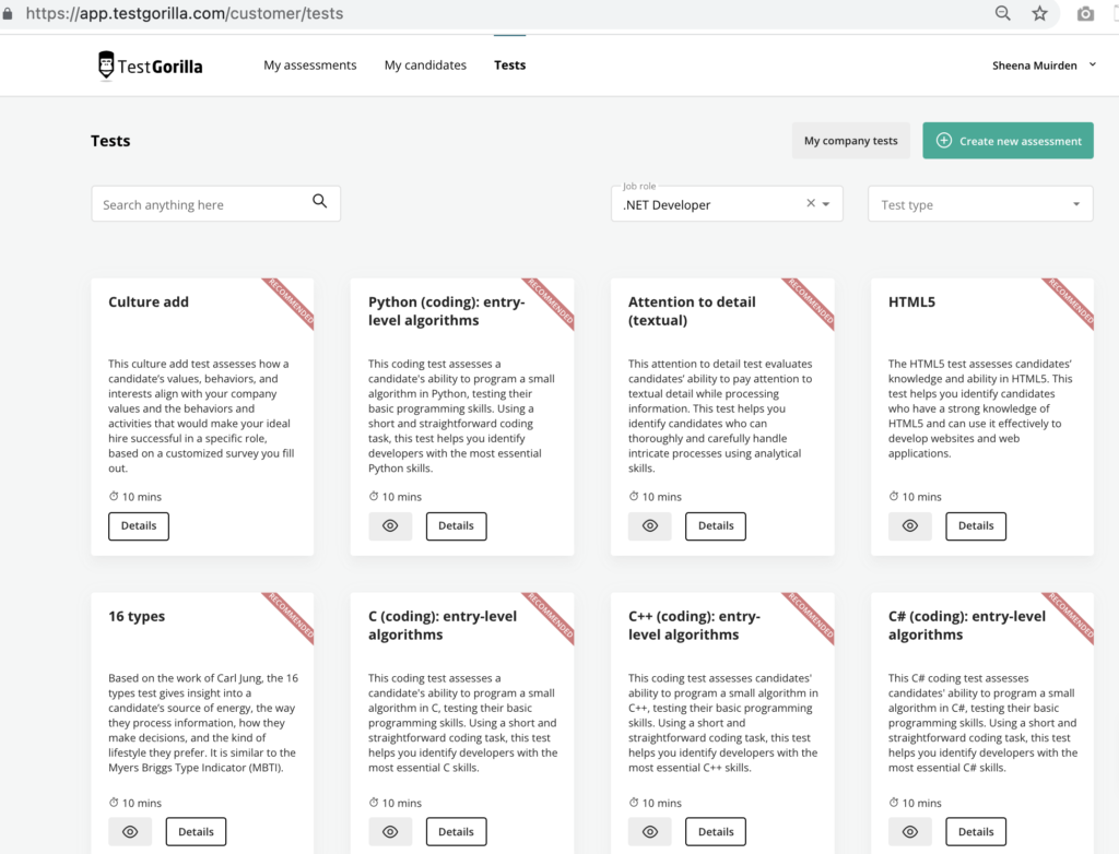 capture d’écran de la bibliothèque de tests de TestGorilla pour les développeur·euse·s .net