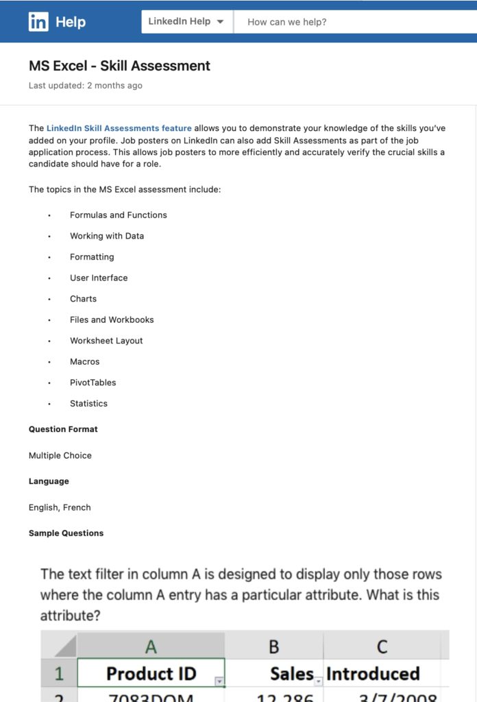 screenshot LinkedIn MS Excel Skill Assessment