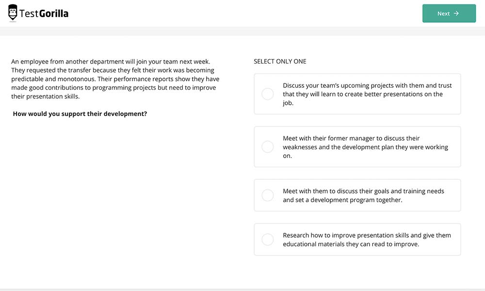 sample question of leadership and people management test in TestGorilla