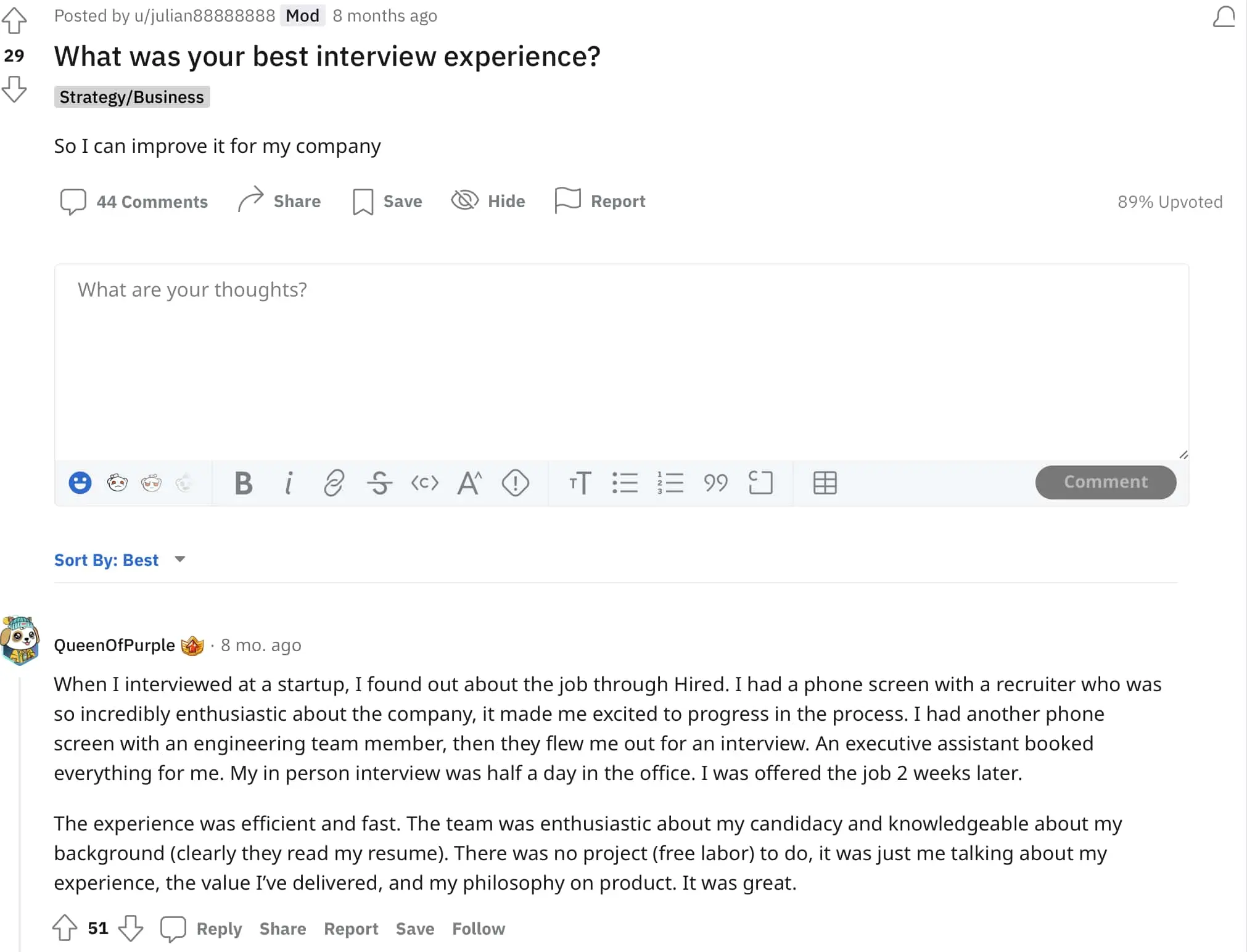 screenshot of redditor showing their best interview experience