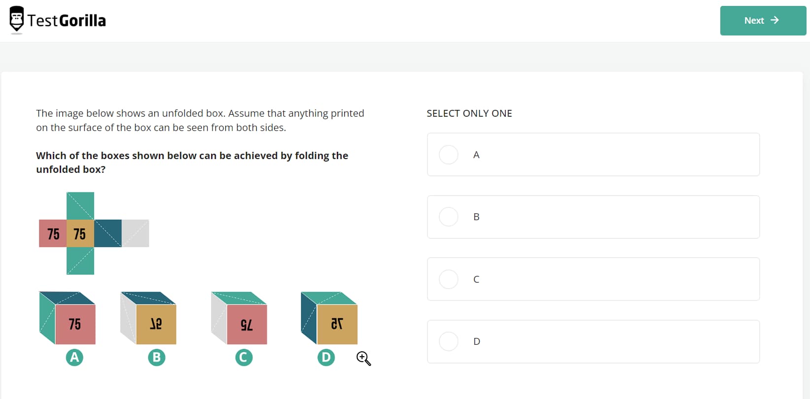 an example question from TestGorilla's Spatial Reasoning test