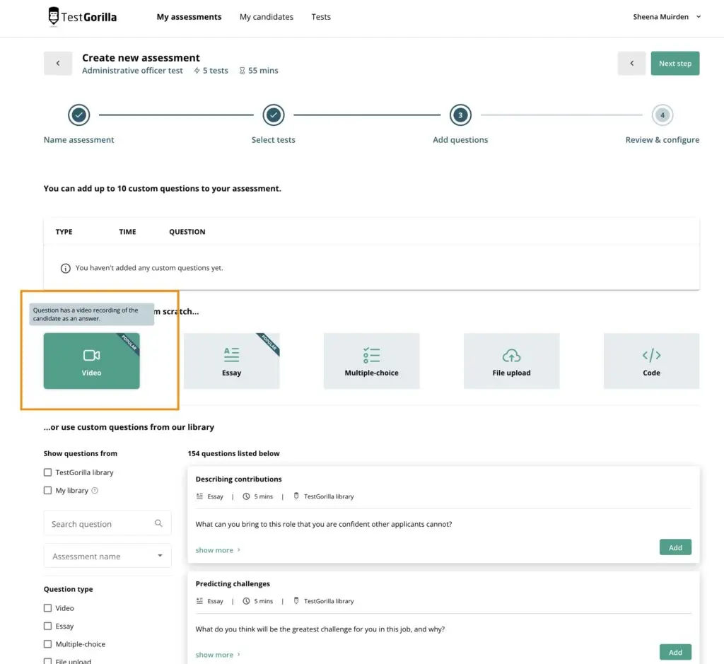 preview of how to add a one-way video interview in TestGorilla