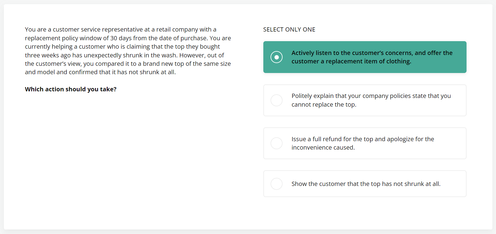 A sample question from TestGorilla's Customer Service test