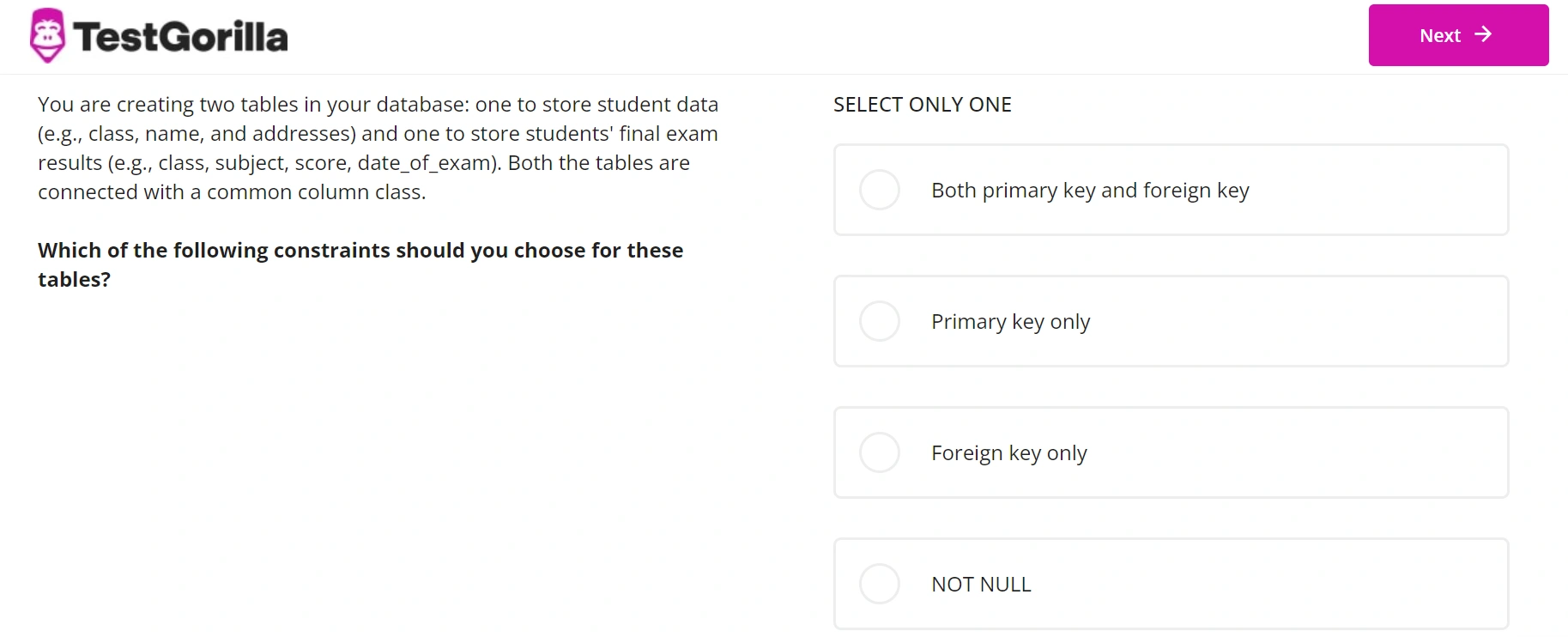 A screenshot of a sample multiple-choice question from TestGorilla’s MySQL test