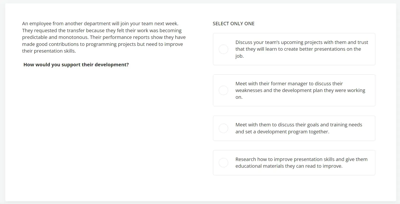 an example question from TestGorilla's Leadership & People Management test
