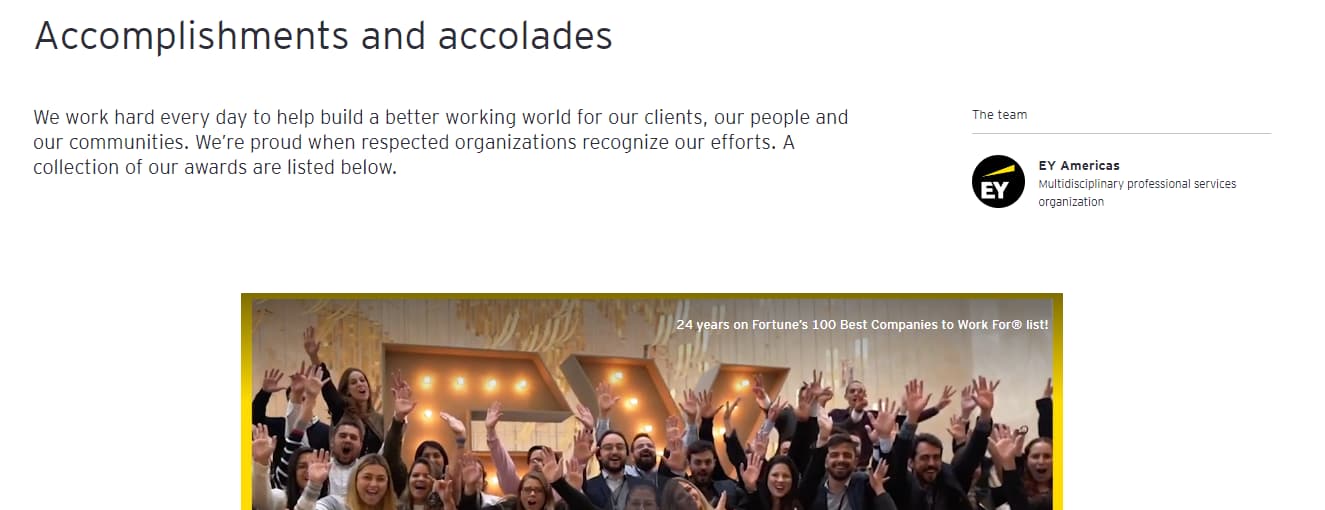 EY example – a screenshot of team accolades displayed on it's website