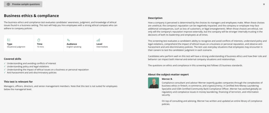 screenshot of the business ethics and compliance test in TestGorilla