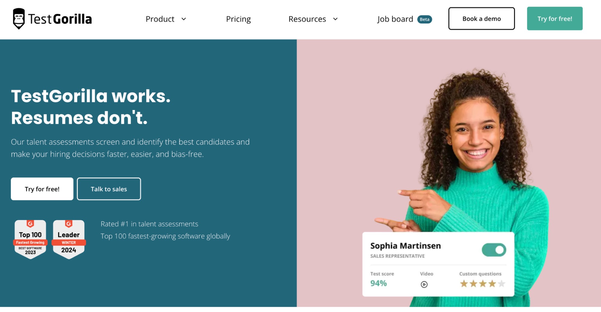 TestGorilla's pre-employment assessment tool homepage