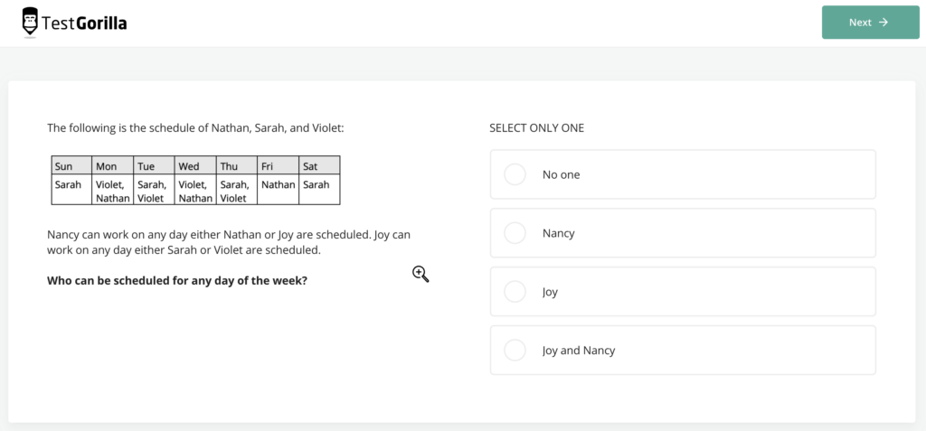 
Beispielfrage aus dem Test zur Problemlösung von TestGorilla
