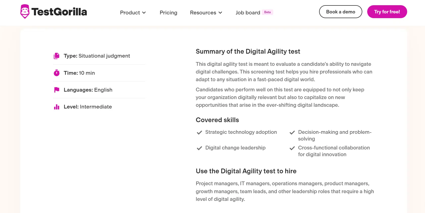 A screenshot of TestGorilla’s Digital Agility test page